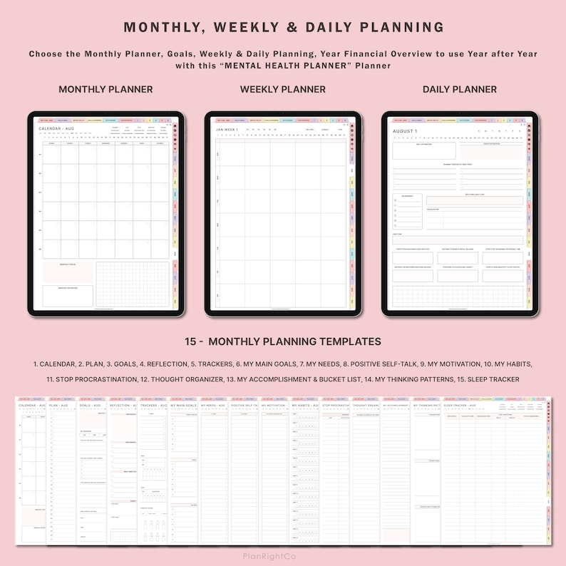 May include: A digital planner with 15 different templates for monthly, weekly, and daily planning. The templates include a calendar, plan, goals, reflection, trackers, main goals, needs, positive self-talk, motivation, habits, stop procrastination, thought organizer, accomplishment and bucket list, thinking patterns, and sleep tracker.