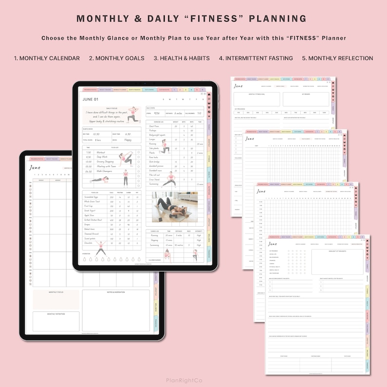 Op de afbeelding: Een printbare fitnessplanner met vijf secties: maandelijkse kalender, maandelijkse doelen, gezondheid en gewoontes, intermitterend vasten en maandelijkse reflectie. De planner bevat een maandelijkse overzichtpagina met een kalender, een dagelijks trainingsschema en een sectie voor het bijhouden van gezondheid en gewoontes. De planner is ontworpen om mensen te helpen op koers te blijven met hun fitnessdoelen.