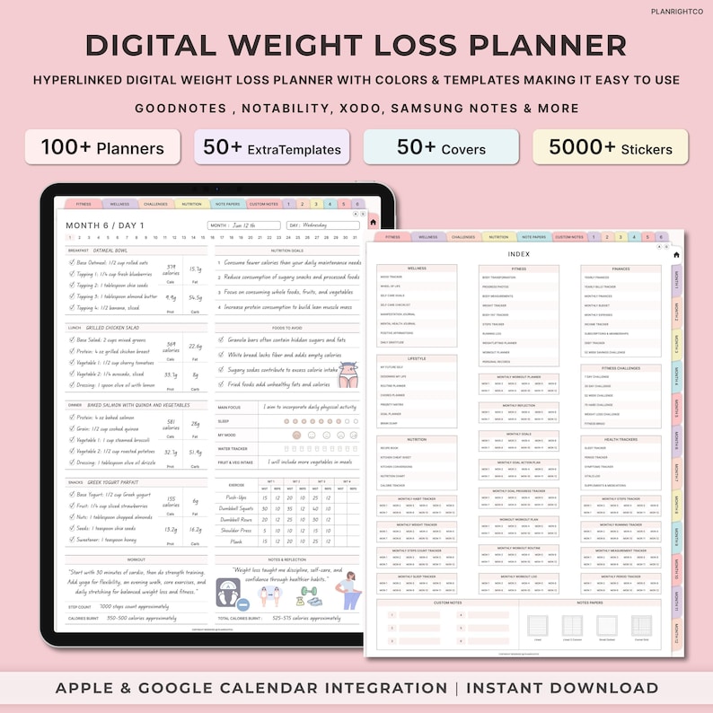 May include: A digital weight loss planner with a pink background. The planner includes a monthly calendar, meal tracking, and fitness challenges. The planner is compatible with Goodnotes, Notability, Xodo, Samsung Notes, and more. It also includes 100+ planners, 50+ extra templates, 50+ covers, and 5000+ stickers. The planner is available for instant download and integrates with Apple and Google calendars.