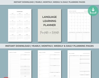 May include: A Language Learning Planner with printable and fillable PDF pages. The planner includes yearly, monthly, weekly, and daily planning pages. The planner is available in A4, A5, Letter, Half Letter, and Classic Happy Planner sizes. The planner has 146+ pages.