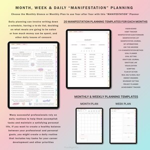Op de afbeelding: Een digitale planner met een roze, blauwe en gele gradi&euml;ntachtergrond. De planner bevat 20 verschillende sjablonen voor manifestatieplanning, waaronder vision boards, habit trackers en goal setting. De planner bevat ook maandelijkse en wekelijkse planningssjablonen.