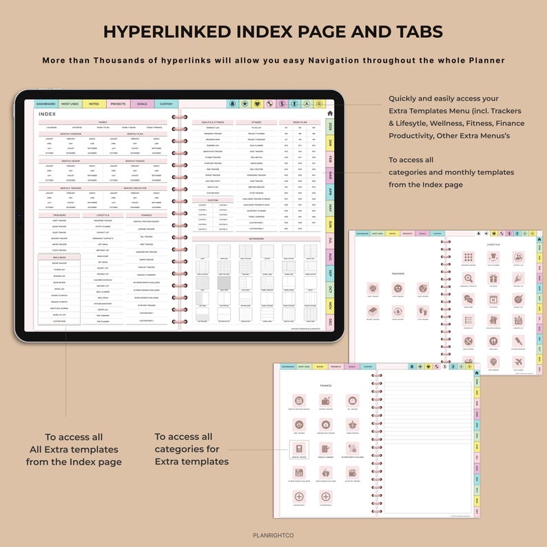 Op de afbeelding: Digitale planner met een roze en witte indexpagina, tabbladen en sjablonen. De planner bevat hyperlinks voor eenvoudige navigatie. Tekst op de afbeelding luidt "HYPERLINKED INDEX PAGE AND TABS" en "PLANRIGHTCO".