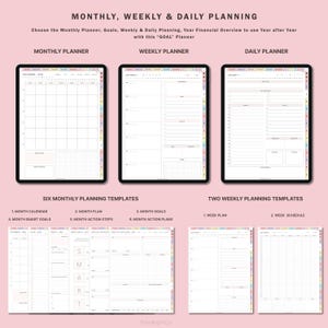 May include: A digital planner template for monthly, weekly, and daily planning. The template includes six monthly planning templates and two weekly planning templates. The templates are designed to help users organize their time, set goals, and track their progress.