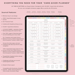Puede incluir: Un planificador digital para cuidadores con un &iacute;ndice con pesta&ntilde;as de colores, que incluye m&aacute;s de 300 p&aacute;ginas de espacio de planificaci&oacute;n, 50 plantillas y 10.000 hiperv&iacute;nculos. El planificador incluye secciones para el historial m&eacute;dico, los contactos m&eacute;dicos, las citas, los rastreadores de dolor y s&iacute;ntomas, y los rastreadores de salud. El planificador es compatible con Goodnotes, Notability, XODO, Samsung Notes y otras aplicaciones de anotaci&oacute;n.