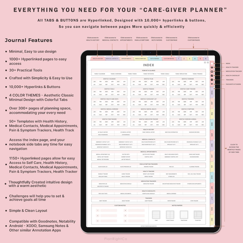 Puede incluir: Un planificador digital para cuidadores con un &iacute;ndice con pesta&ntilde;as de colores, que incluye m&aacute;s de 300 p&aacute;ginas de espacio de planificaci&oacute;n, 50 plantillas y 10.000 hiperv&iacute;nculos. El planificador incluye secciones para el historial m&eacute;dico, los contactos m&eacute;dicos, las citas, los rastreadores de dolor y s&iacute;ntomas, y los rastreadores de salud. El planificador es compatible con Goodnotes, Notability, XODO, Samsung Notes y otras aplicaciones de anotaci&oacute;n.