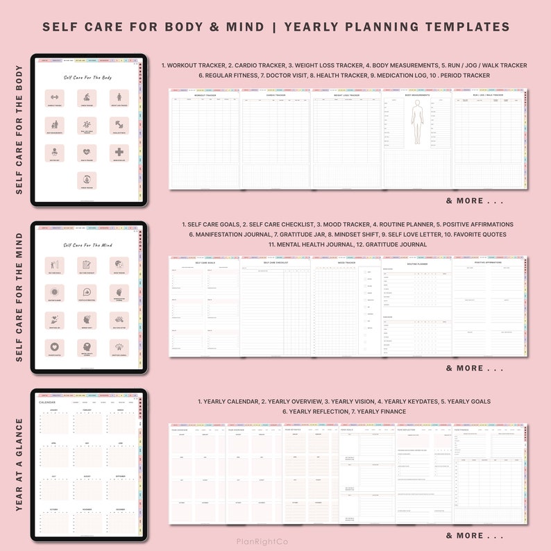 May include: Printable self-care planner templates for body and mind. The templates include trackers for workouts, weight loss, mood, gratitude, and more. The templates are designed to help you plan and track your self-care journey.
