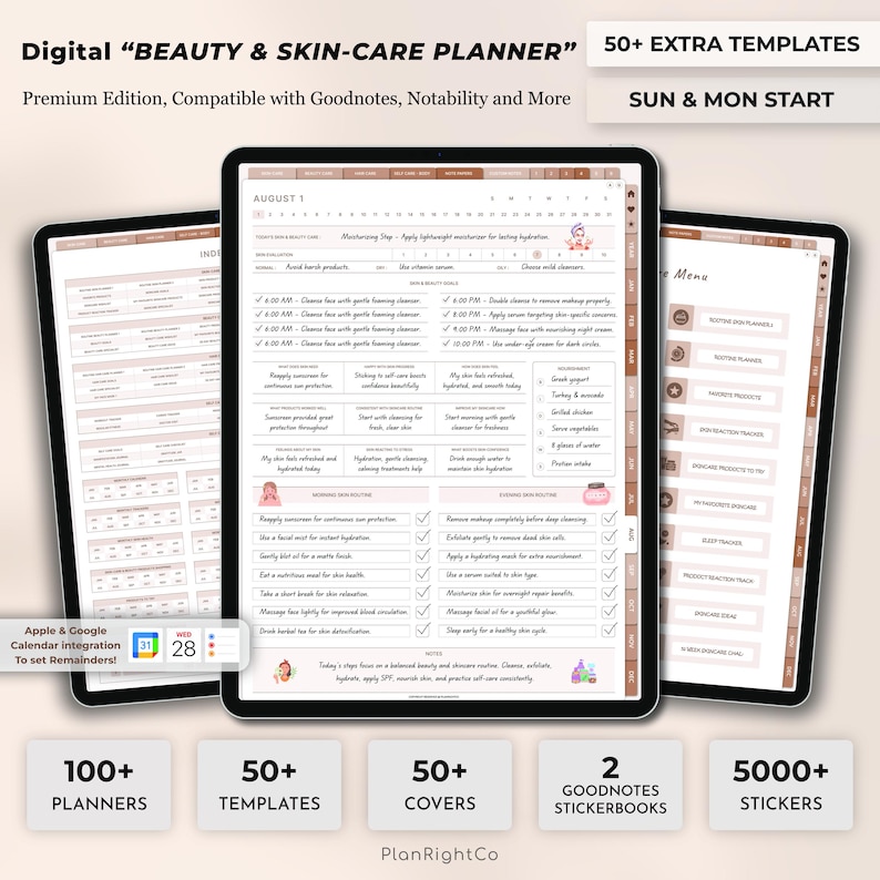 May include: Digital planner with a pink and brown colour scheme. The planner is titled "Beauty & Skin-Care Planner" and includes 100+ planners, 50+ templates, 50+ covers, 2 Goodnotes stickerbooks, and 5000+ stickers. The planner is compatible with Goodnotes and Notability.