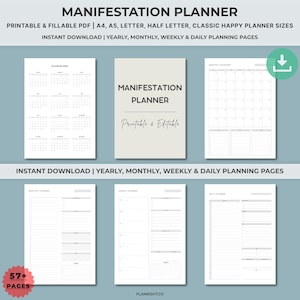 May include: A digital manifestation planner with printable and fillable PDF pages. The planner includes yearly, monthly, weekly, and daily planning pages. The cover reads "Manifestation Planner" and "Printable & Editable".