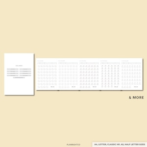 May include: A set of white planner pages with a minimalist design. The pages include challenge trackers and spaces for daily entries. The text "CHALLENGES" is visible. The bottom right corner reads "& MORE". The bottom of the image reads "A4, LETTER, CLASSIC HP, A5, HALF LETTER SIZES".