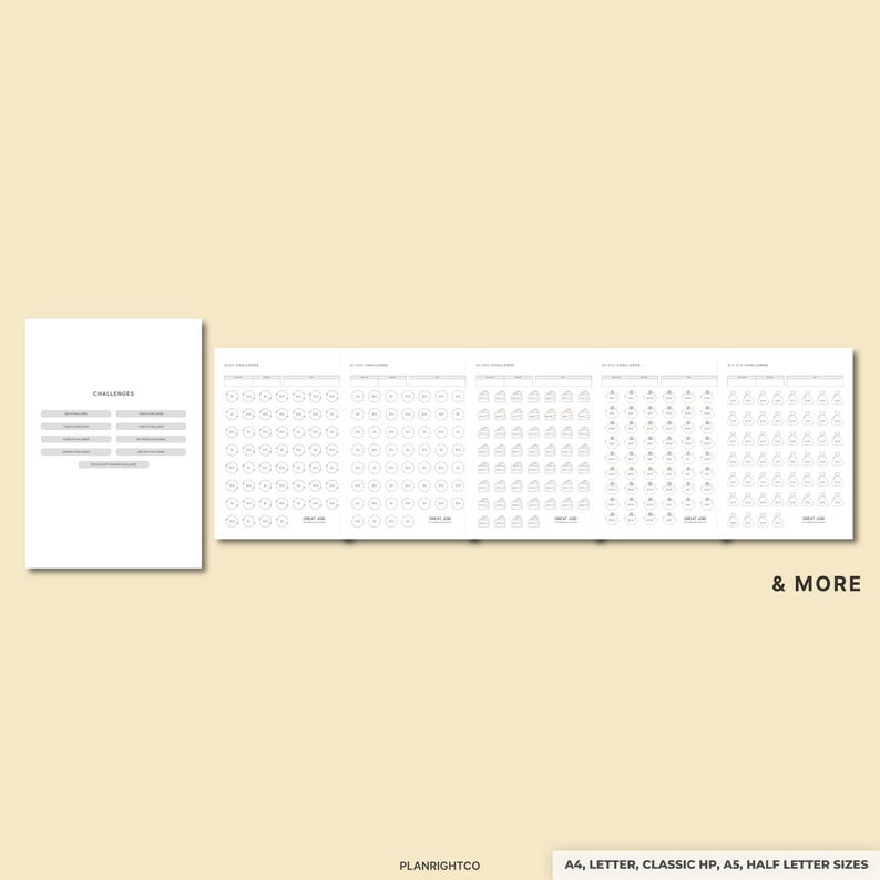 May include: A set of white planner pages with a minimalist design. The pages include challenge trackers and spaces for daily entries. The text "CHALLENGES" is visible. The bottom right corner reads "& MORE". The bottom of the image reads "A4, LETTER, CLASSIC HP, A5, HALF LETTER SIZES".