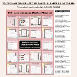 Op de afbeelding: Een promotieafbeelding voor een digitale plannerbundel, met een raster van digitale planner-mockups op tablets. De tekst luidt "150+ Life Changing Digital Planners" en "Whole Shop Bundle" met een lijst van plantypes, waaronder fitness, maaltijden en zaken.