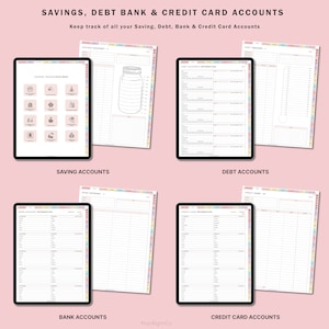 May include: A digital planner with a pink background and colorful tabs. The planner is divided into four sections: Savings, Debt, Bank, and Credit Card Accounts. Each section has a page for tracking account information and a page for tracking transactions. The planner is designed to help users keep track of their finances.