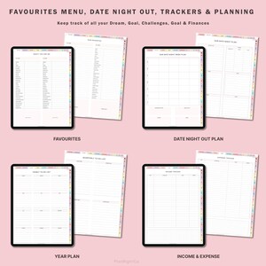 May include: A set of printable digital planner pages for tracking favourites, date night plans, yearly and quarterly to-do lists, income and expenses, and exercise. The pages are designed with a colourful border and are ready to be printed and used.