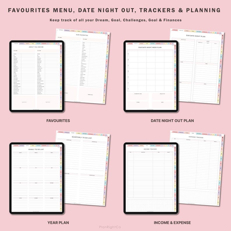 May include: A set of printable digital planner pages for tracking favourites, date night plans, yearly and quarterly to-do lists, income and expenses, and exercise. The pages are designed with a colourful border and are ready to be printed and used.