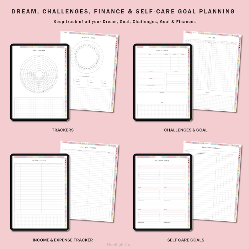 May include: A set of printable digital planner pages for goal setting, tracking habits, mood, finances, and self-care. The pages are designed with a simple, minimalist aesthetic and feature a grid layout.