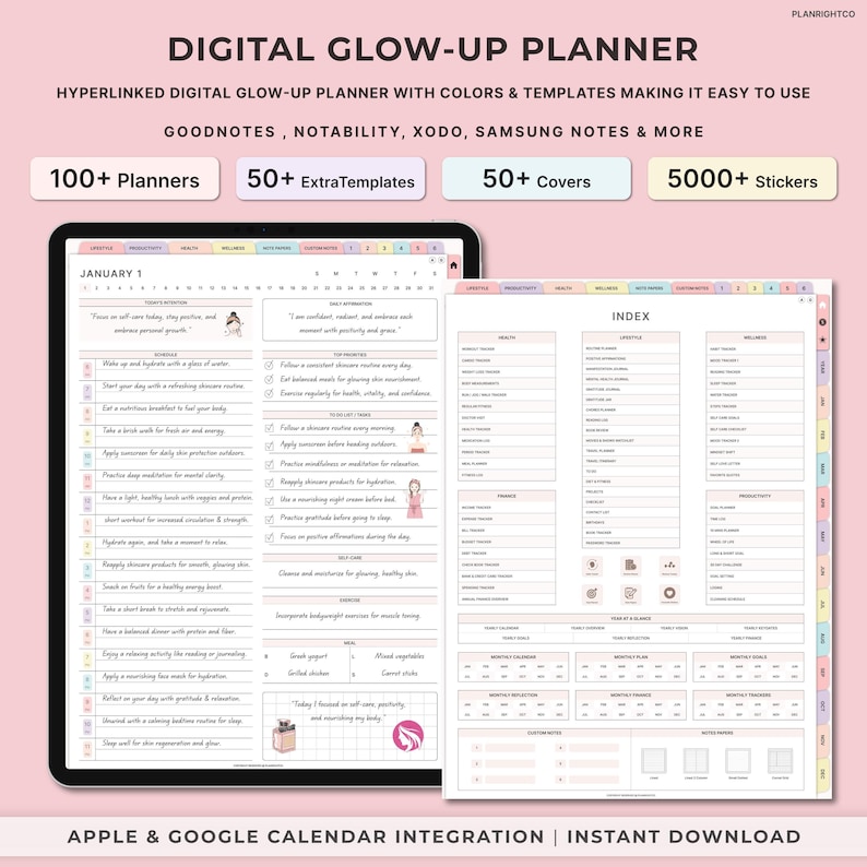 May include: A digital planner with a pink, blue, and green color scheme. The planner is designed for personal growth and includes sections for health, wellness, lifestyle, productivity, and finances. The planner is compatible with Goodnotes, Notability, Xodo, Samsung Notes, and more. It includes 100+ planners, 50+ extra templates, 50+ covers, and 5000+ stickers. The planner also includes Apple and Google Calendar integration.