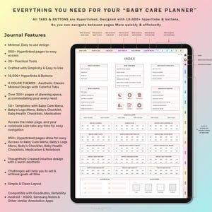 May include: A digital planner for baby care with a pink and white color scheme. The planner includes sections for baby's logs, checklists, health, medication, and notes. The planner is designed with 10,000+ hyperlinks and buttons for easy navigation.
