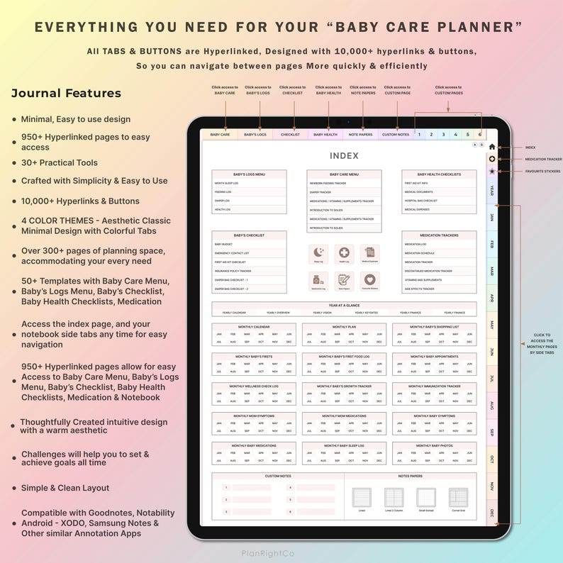 May include: A digital planner for baby care with a pink and white color scheme. The planner includes sections for baby's logs, checklists, health, medication, and notes. The planner is designed with 10,000+ hyperlinks and buttons for easy navigation.