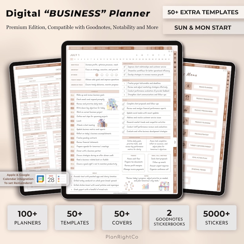 May include: Digital "BUSINESS" Planner with 50+ extra templates, compatible with Goodnotes, Notability and more.  The planner has a brown and white colour scheme and features a calendar, a to-do list, and a meal plan.  It also includes 100+ planners, 50+ templates, 50+ covers, 2 Goodnotes stickerbooks, and 5000+ stickers.