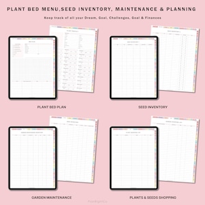 Pode incluir: Um conjunto de p&aacute;ginas de planejador digital imprim&iacute;veis para organizar um jardim. As p&aacute;ginas incluem se&ccedil;&otilde;es para planos de canteiros de plantas, invent&aacute;rio de sementes, manuten&ccedil;&atilde;o do jardim e listas de compras de plantas e sementes. As p&aacute;ginas s&atilde;o projetadas com uma borda colorida.