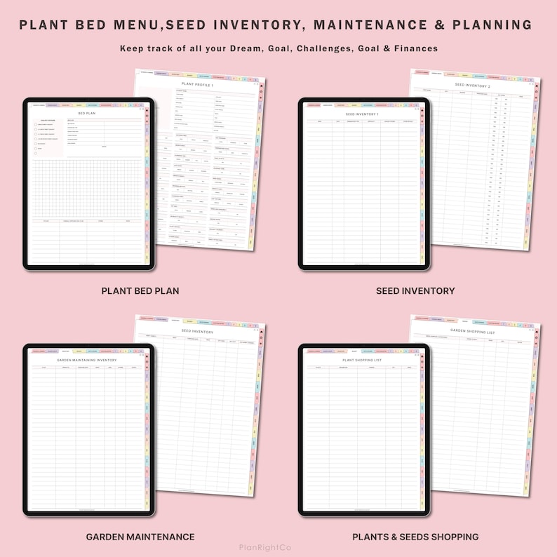 Pode incluir: Um conjunto de p&aacute;ginas de planejador digital imprim&iacute;veis para organizar um jardim. As p&aacute;ginas incluem se&ccedil;&otilde;es para planos de canteiros de plantas, invent&aacute;rio de sementes, manuten&ccedil;&atilde;o do jardim e listas de compras de plantas e sementes. As p&aacute;ginas s&atilde;o projetadas com uma borda colorida.