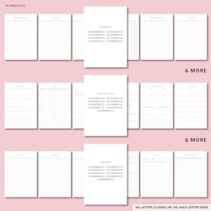 Op de afbeelding: Een verzameling witte plannerpagina's met verschillende lay-outs, waaronder trackers, productiviteitsmenu's en financi&euml;le menu's. De pagina's zijn gerangschikt in een rasterachtig formaat, met de tekst "& MORE" zichtbaar. De tekst "A4, LETTER, CLASSIC HP, A5, HALF LETTER SIZES" is ook aanwezig.