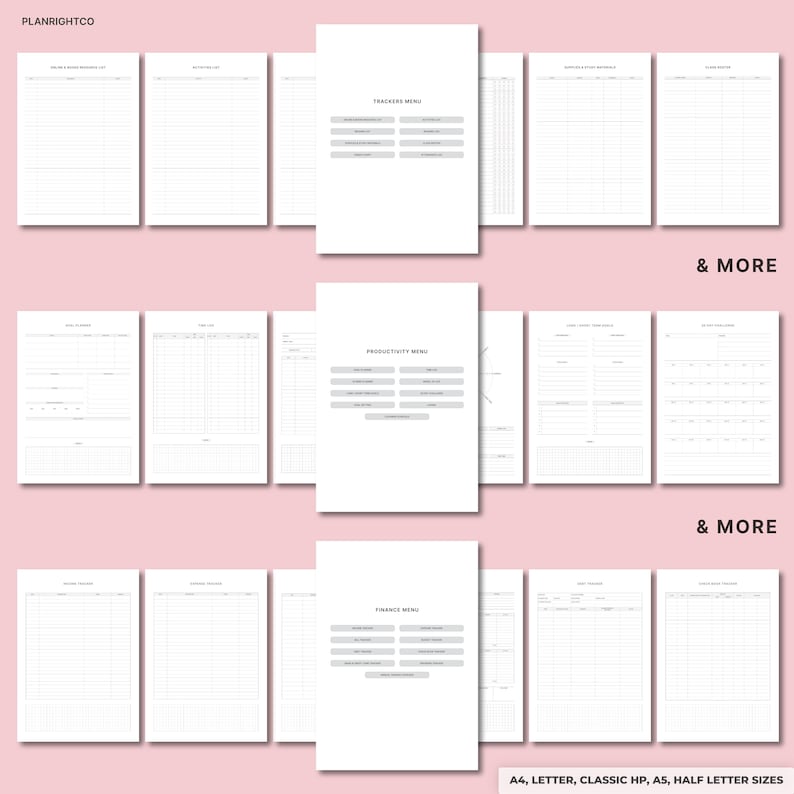 Op de afbeelding: Een verzameling witte plannerpagina's met verschillende lay-outs, waaronder trackers, productiviteitsmenu's en financi&euml;le menu's. De pagina's zijn gerangschikt in een rasterachtig formaat, met de tekst "& MORE" zichtbaar. De tekst "A4, LETTER, CLASSIC HP, A5, HALF LETTER SIZES" is ook aanwezig.