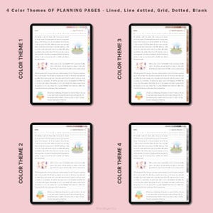 Op de afbeelding: Vier verschillende kleurenthema's voor planningpagina's. Elke pagina heeft een andere achtergrondkleur en een andere stijl van lijnen. De pagina's zijn gelabeld met "Kleurenthema 1", "Kleurenthema 2", "Kleurenthema 3" en "Kleurenthema 4".