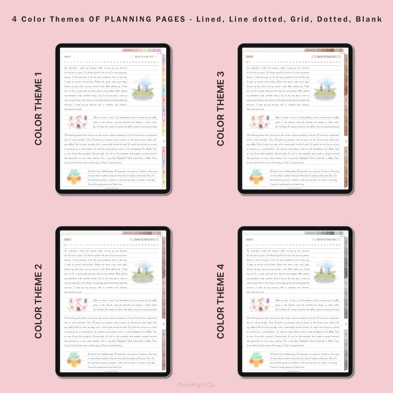 Op de afbeelding: Vier verschillende kleurenthema's voor planningpagina's. Elke pagina heeft een andere achtergrondkleur en een andere stijl van lijnen. De pagina's zijn gelabeld met "Kleurenthema 1", "Kleurenthema 2", "Kleurenthema 3" en "Kleurenthema 4".