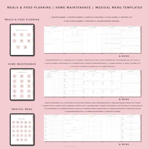 Pu&ograve; includere: Un planner digitale con tre sezioni: pasti e pianificazione alimentare, manutenzione domestica e menu medico. Ogni sezione contiene un elenco di modelli stampabili per organizzare diversi aspetti della vita. Il planner &egrave; progettato con uno schema di colori rosa e bianco e presenta una variet&agrave; di icone.