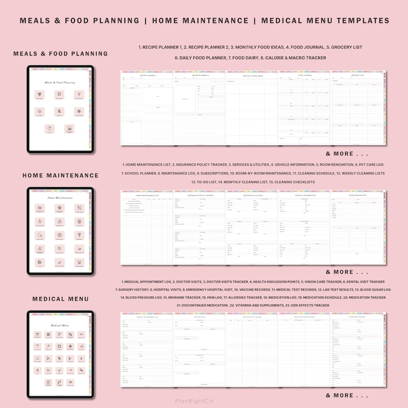 Pu&ograve; includere: Un planner digitale con tre sezioni: pasti e pianificazione alimentare, manutenzione domestica e menu medico. Ogni sezione contiene un elenco di modelli stampabili per organizzare diversi aspetti della vita. Il planner &egrave; progettato con uno schema di colori rosa e bianco e presenta una variet&agrave; di icone.