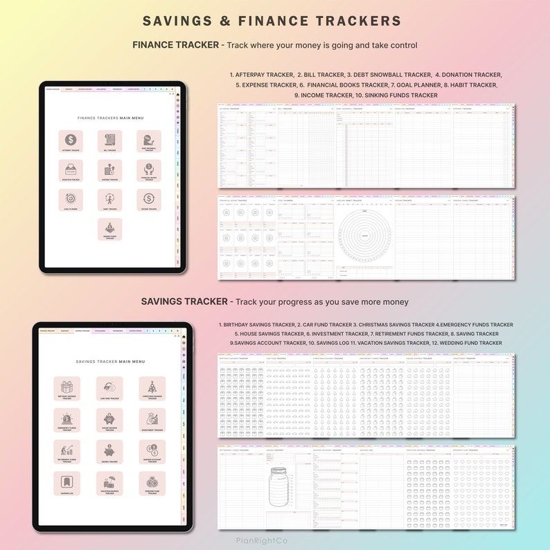 May include: Digital finance and savings trackers displayed on two tablets. The top tablet shows a finance tracker menu with icons. The bottom tablet displays a savings tracker menu. Text lists various trackers, including expense, income, and savings logs.