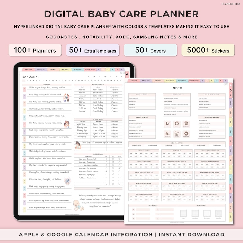 May include: A digital planner for baby care with a pink and white color scheme. The planner includes a calendar, checklists, and trackers for feeding, sleep, diaper changes, and more. The planner is compatible with Goodnotes, Notability, Xodo, Samsung Notes, and more. It also includes 100+ planners, 50+ extra templates, 50+ covers, and 5000+ stickers.