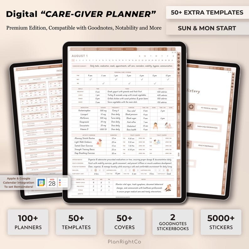 May include: A digital planner for caregivers with a pink and brown color scheme. The planner includes a calendar, meal planning, medication tracking, and other helpful features. The text on the planner says "Digital "CARE-GIVER PLANNER" Premium Edition, Compatible with Goodnotes, Notability and More 50+ EXTRA TEMPLATES SUN & MON START".