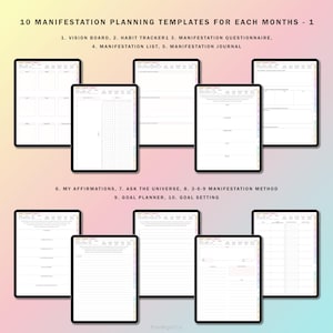 Op de afbeelding: Tien printbare manifestatie-planningsjablonen voor elke maand. De sjablonen omvatten een vision board, een gewoontetracker, een manifestatievragenlijst, een manifestatielijst, een manifestatiejournaal, affirmaties, vraag aan het universum, de 3-6-9-manifestatiemethode, een doelplanner en doelstelling.