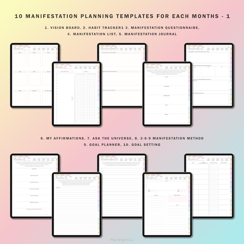 Op de afbeelding: Tien printbare manifestatie-planningsjablonen voor elke maand. De sjablonen omvatten een vision board, een gewoontetracker, een manifestatievragenlijst, een manifestatielijst, een manifestatiejournaal, affirmaties, vraag aan het universum, de 3-6-9-manifestatiemethode, een doelplanner en doelstelling.