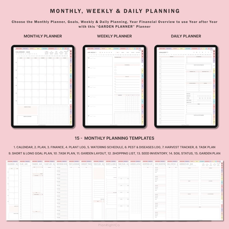 Pode incluir: Um planejador digital com 15 modelos de planejamento mensal para jardinagem. Os modelos incluem um calend&aacute;rio, um plano, finan&ccedil;as, um registro de plantas, um cronograma de rega, um registro de pragas e doen&ccedil;as, um rastreador de colheitas, um plano de tarefas, um plano de metas de curto e longo prazo, um plano de tarefas, um layout de jardim, uma lista de compras, um invent&aacute;rio de sementes, o estado do solo e um plano de jardim.