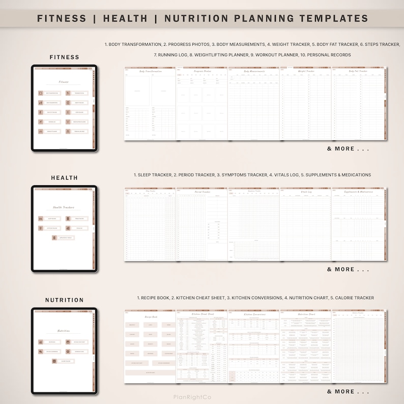 Op de afbeelding: Digitale planning templates voor fitness, gezondheid en voeding. De afbeelding toont drie secties: Fitness, Gezondheid en Voeding. Elke sectie bevat een tablet met planningspagina's, zoals lichaamstransformatie, symptoomtracker en calorie tracker. De tekst "& MORE..." is ook zichtbaar.