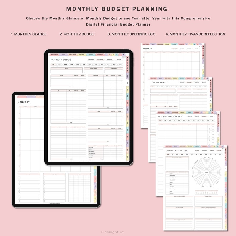 May include: A digital budget planner with four different sections: Monthly Glance, Monthly Budget, Monthly Spending Log, and Monthly Finance Reflection. Each section is labeled with the month "January" and includes various tables and charts for tracking finances.