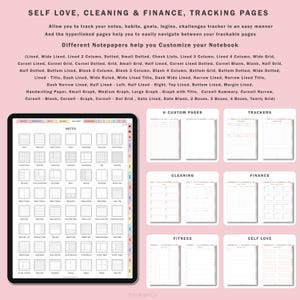 May include: A digital planner with a variety of page layouts for self-love, cleaning, and finance tracking. The planner includes lined, dotted, grid, and Cornell note paper styles. The planner is displayed on a tablet screen.
