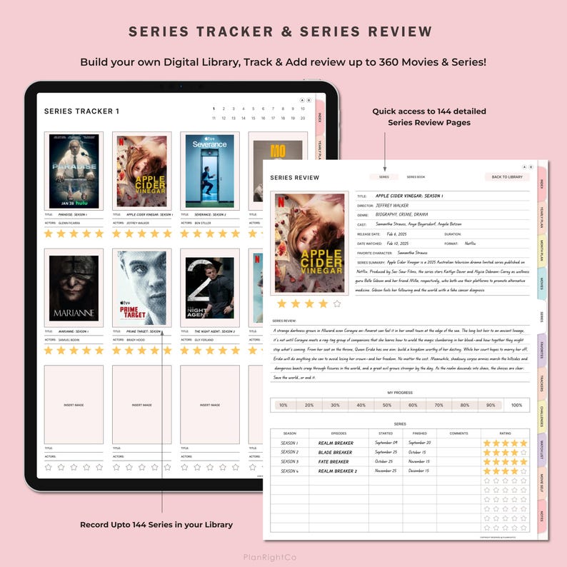 May include: A digital planner with a pink background and gold accents. The planner is designed to help people track and review their favorite TV shows and movies. The planner includes a series tracker, a series review section, and a progress tracker. The planner is designed to help people build their own digital library.