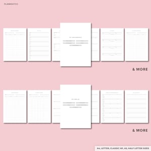 May include: A collection of white printable planner pages with gray text, including "Pet Care Essentials" and "Pet Care Log" pages. The pages are displayed on a pink background. The text "& MORE" is visible. The planner is available in A4, Letter, Classic HP, A5, and Half Letter sizes.