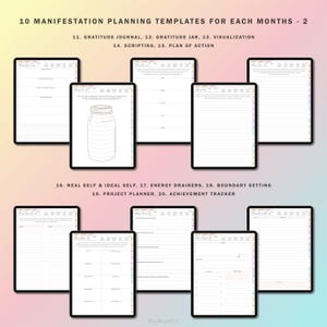 Op de afbeelding: Tien printbare sjablonen voor manifestatieplanning, waaronder een dankbaarheidsdagboek, een dankbaarheidspot, visualisatie, scripting, actieplan, echt zelf en ideaal zelf, energievreters, grenzen stellen, projectplanner en prestatievolger. De sjablonen zijn ontworpen voor gebruik met een tablet of computer.