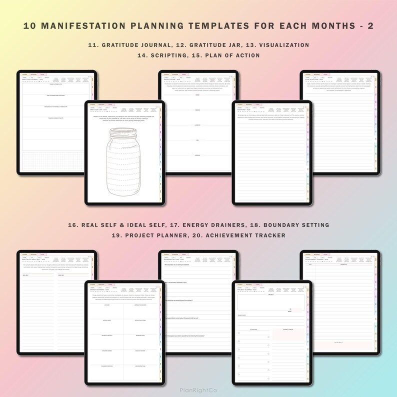 Op de afbeelding: Tien printbare sjablonen voor manifestatieplanning, waaronder een dankbaarheidsdagboek, een dankbaarheidspot, visualisatie, scripting, actieplan, echt zelf en ideaal zelf, energievreters, grenzen stellen, projectplanner en prestatievolger. De sjablonen zijn ontworpen voor gebruik met een tablet of computer.