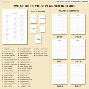 May include: A digital planner layout with various sizes, including A4, Letter, Classic HP, A5, and Half Letter. The planner includes calendars, budget trackers, and savings challenges. Yearly calendars are shown from 2025 to 2030.