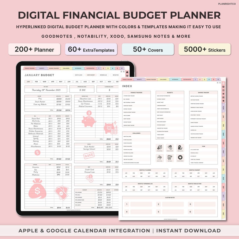 May include: A digital financial budget planner with a pink and white color scheme. The planner includes a monthly budget tracker, a savings tracker, and a spending log. The planner is compatible with Goodnotes, Notability, Xodo, Samsung Notes, and more. It also includes 200+ planners, 60+ extra templates, 50+ covers, and 5000+ stickers.