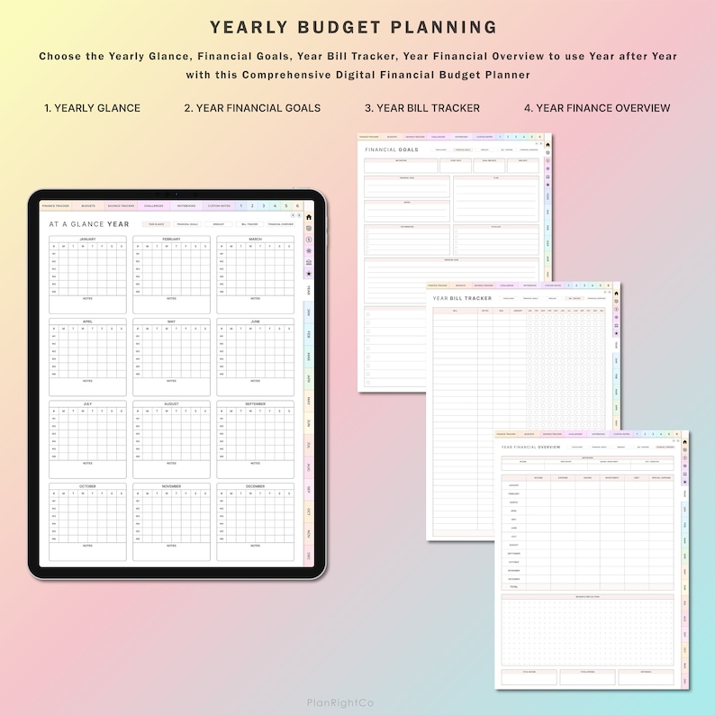 May include: Digital yearly budget planner with sections for yearly glance, financial goals, bill tracker, and financial overview. The planner includes a tablet displaying a monthly calendar layout and several pages with financial planning templates.