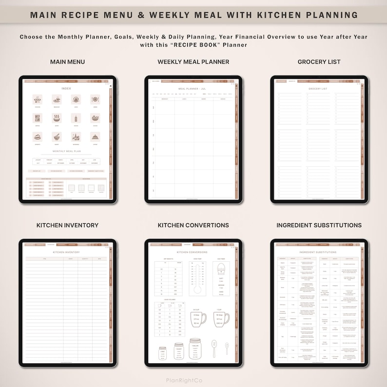 Op de afbeelding: Digitale receptenboekplanner met secties voor hoofdmenu, weekmenuplanner, boodschappenlijst, keukeninventaris, conversies en ingredi&euml;ntvervangingen. De planner wordt weergegeven op zes tablets met een neutraal kleurenschema en tekst.