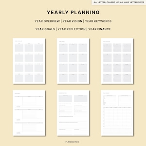 May include: A collection of printable yearly planning pages. The pages include sections for year overview, vision, keywords, goals, reflection, and finance. The text at the top reads "YEARLY PLANNING" and "A4, LETTER, CLASSIC HP, A5, HALF LETTER SIZES".