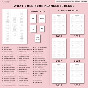 May include: A planner layout with various sections, including yearly calendars from 2025 to 2030, different sizes like A4, Letter, Classic HP, A5, and Half Letter. It includes sections for health, medical, and fitness tracking.